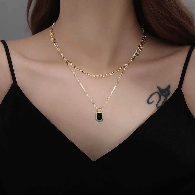 18K Gold Plated Necklace Stainless Steel Double Layers Black Square Pendant Necklace for Women M251216