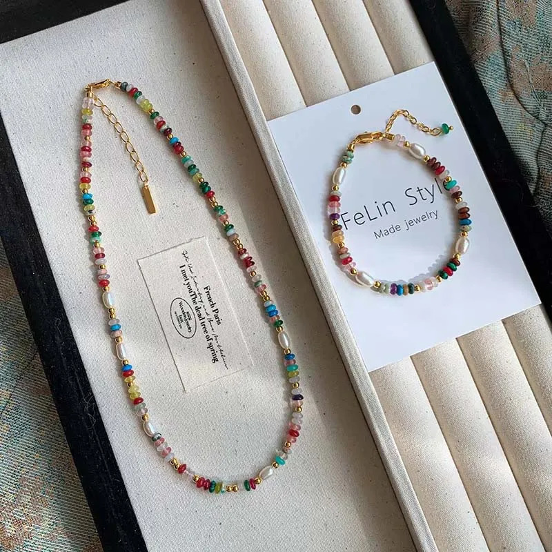 Fashion Colorful Beads Stone Natural Freshwater Pearl Necklaces For Women Retro Gold Color Clavicle Chain Necklace Jewelry Gifts 251212