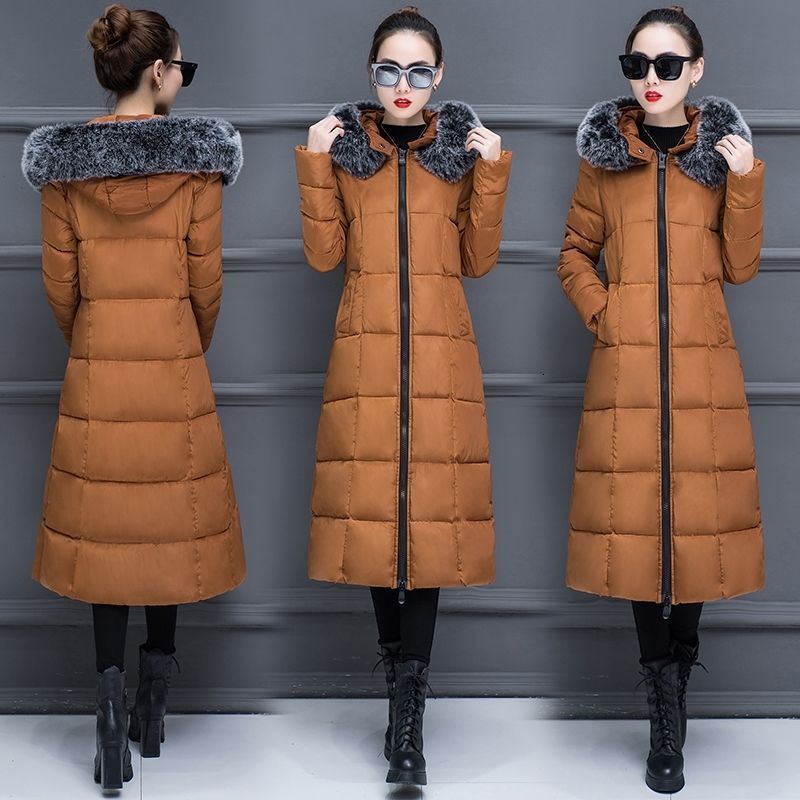 2025 Korean Style Cotton Jacket for Women Winter Long OvertheKnee Thick Slim Fit Large Fur Collar Warm Down Cotton Jacket 210923