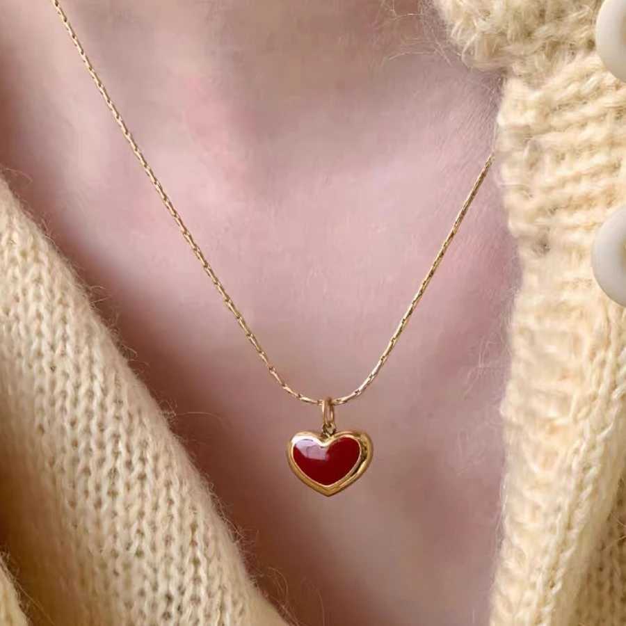 Womens Necklace Red Drop Glaze Heart Titanium Steel Necklace Accessories M251216