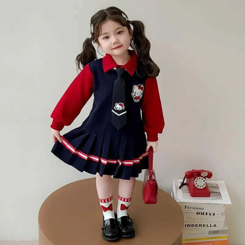 Sanrio Hello Kitty Dress Pleated Skirt Princess Dress Girl College Style Children Spring Fall Kawaii Fashion New Casual Clothing H251216