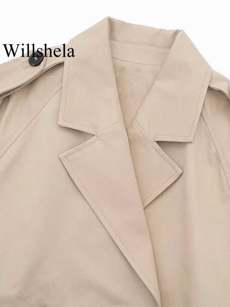 Willshela Women Fashion With Belt Cropped Trench Jacket Vintage Notched Neck Long Sleeve Female Chic Lady Coat OutfitsT251216