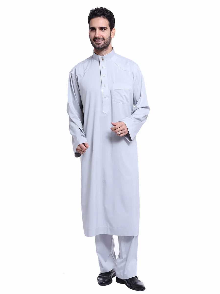 Dubai Arab Islam Muslim Men Jubba Thobe Clothing Sets Long Robe 2 Piece Set Tops and Pants Saudi Musulman Ensembles Wear Sets W251216