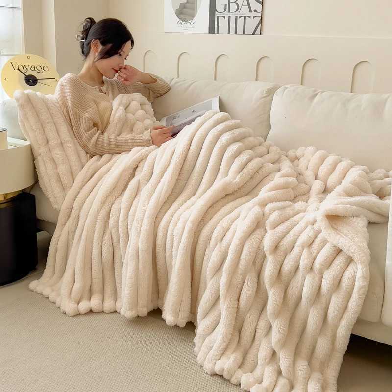 Furry Plush Warm Winter Blanket Solid Strip Velvet Coral Fleece Flannel Soft Thick Bedspread for Bed Sofa Single Double Size H251216 - view 7