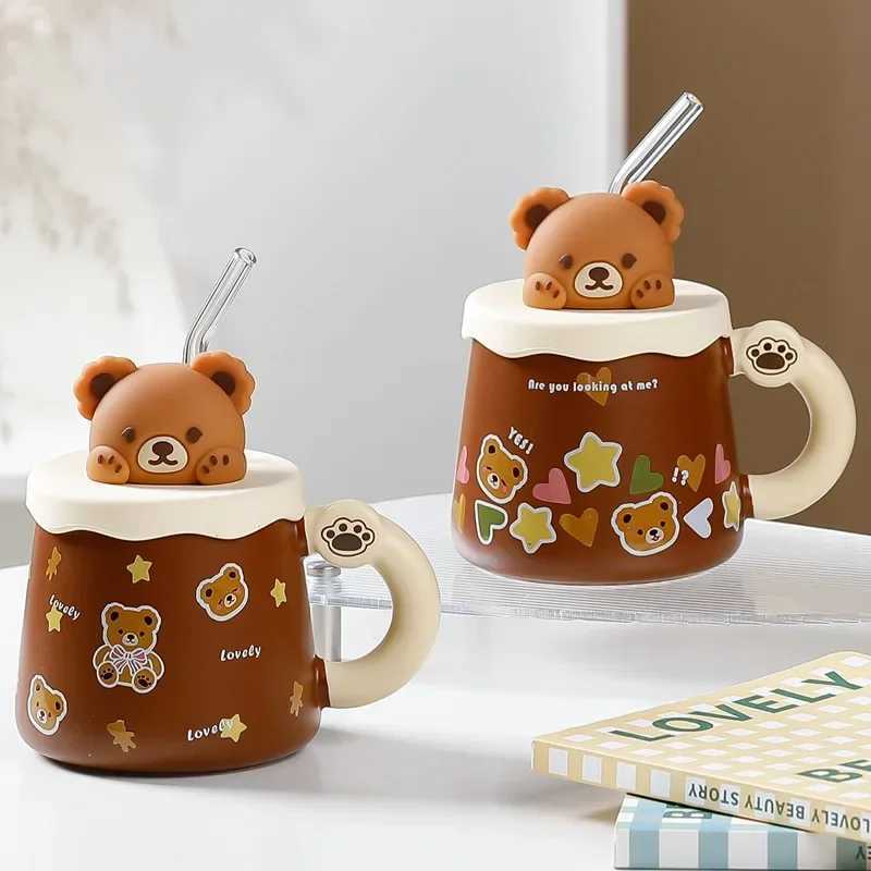 Kawaii Cup Cute Lovely Bear Ceramic g Large Capacity with Lid Coffee Cups Breakfast Milk gs Drinking with Straw Water Cup H251215