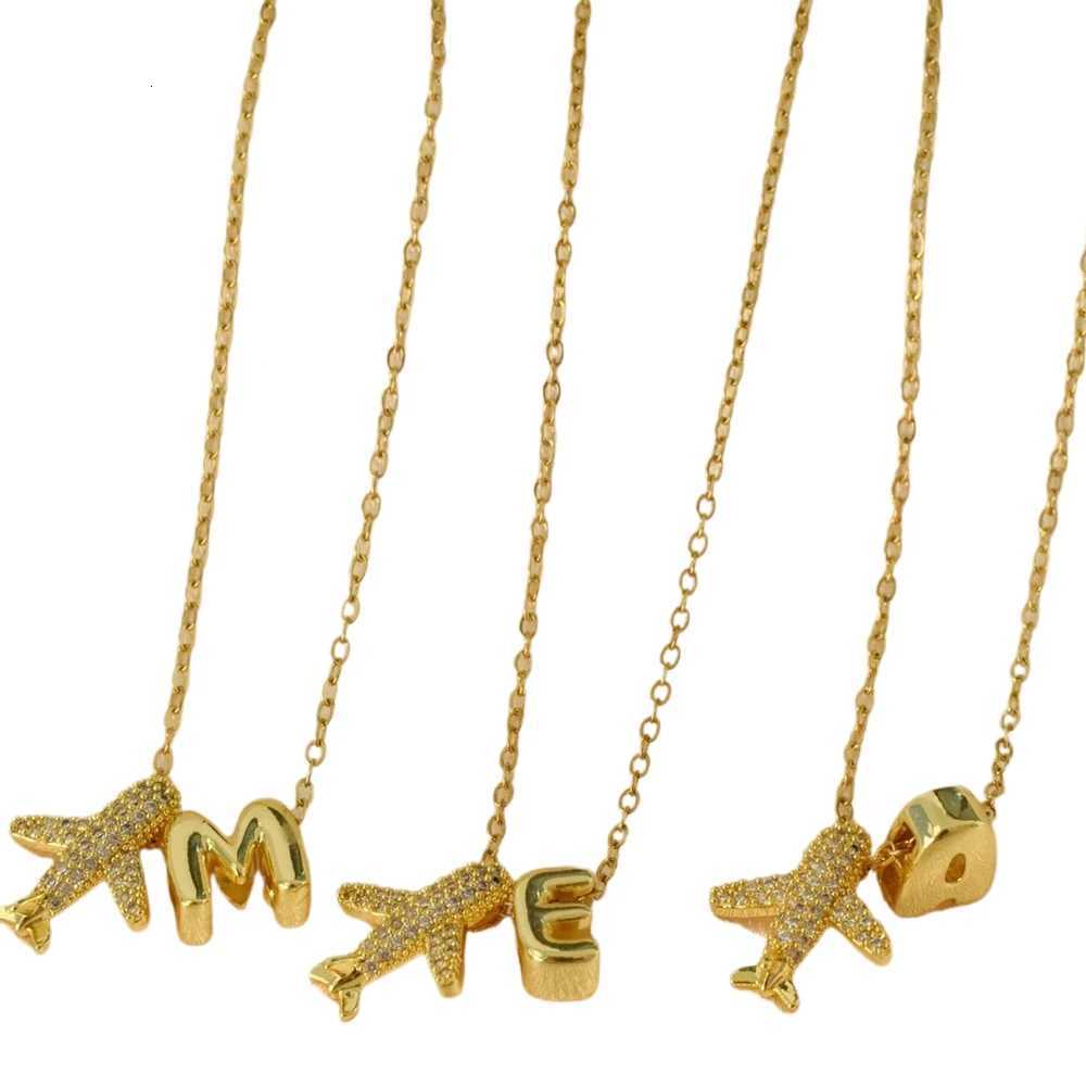 Fashionable Micro-Inlayed Zirconia Airplane 26 Alphabet Initial Pendant Necklace M251216