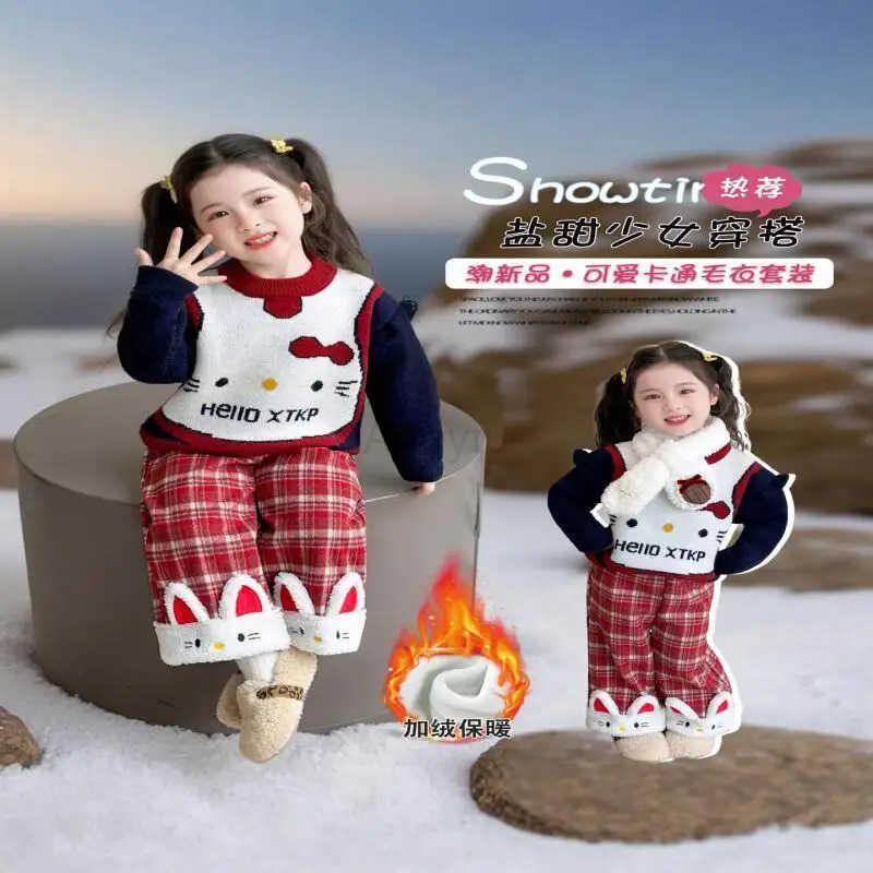 Sanrio Hello Kitty Loungewear set Girls Kawaii Y2k Anime Childrens Clothing Coat autumn and winter Clothes 2-piece set Kids H251216