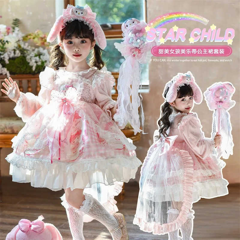 Sanrio Kawaii Melody Children Lolita Dress Anime Cartoon High-Quality Long Sleeves Cosplay Costume Princess Birthday Dress Xmas Gift H251216