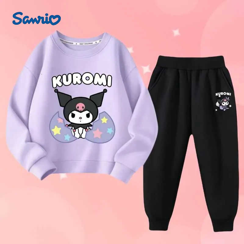 Sanrio Girls Cartoon Kuromi Print Long Sleeved T-shirts and Solid Color Pant 2Pcs Childrens Fashion Sweatshirt Sweatpants Set Wear H251216