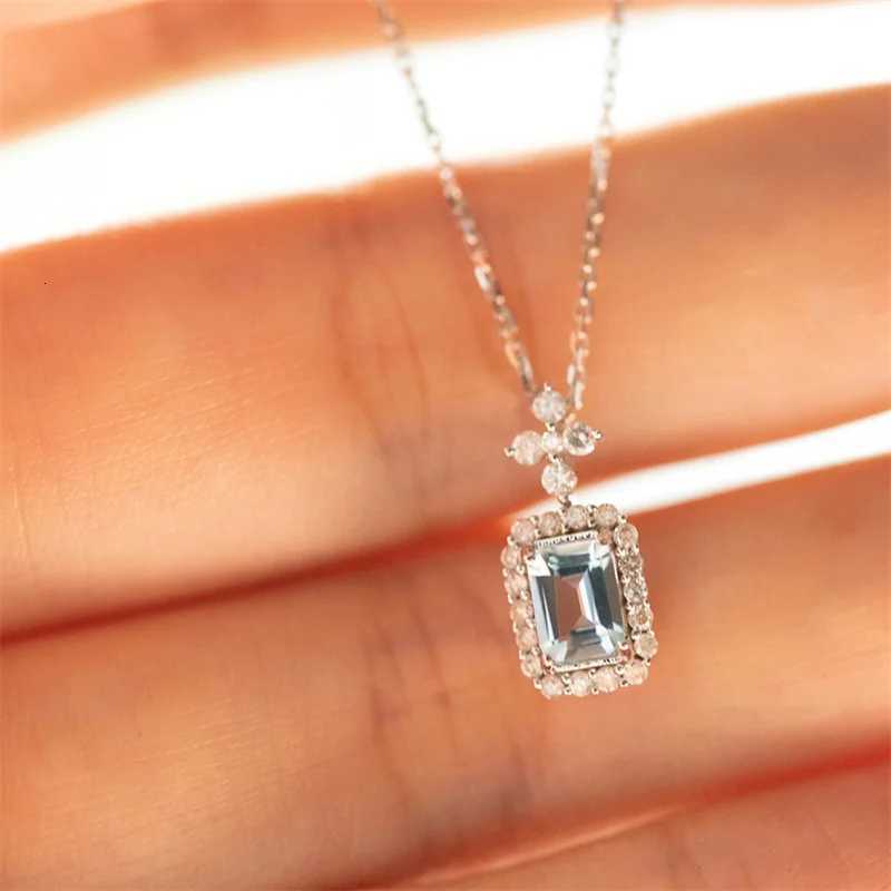 Huitan Fancy Geometric Pendant Necklace with Light Blue Cubic Zirconia Aesthetic Womens Clavicle Chain Necklace Wedding Jewelry M251216