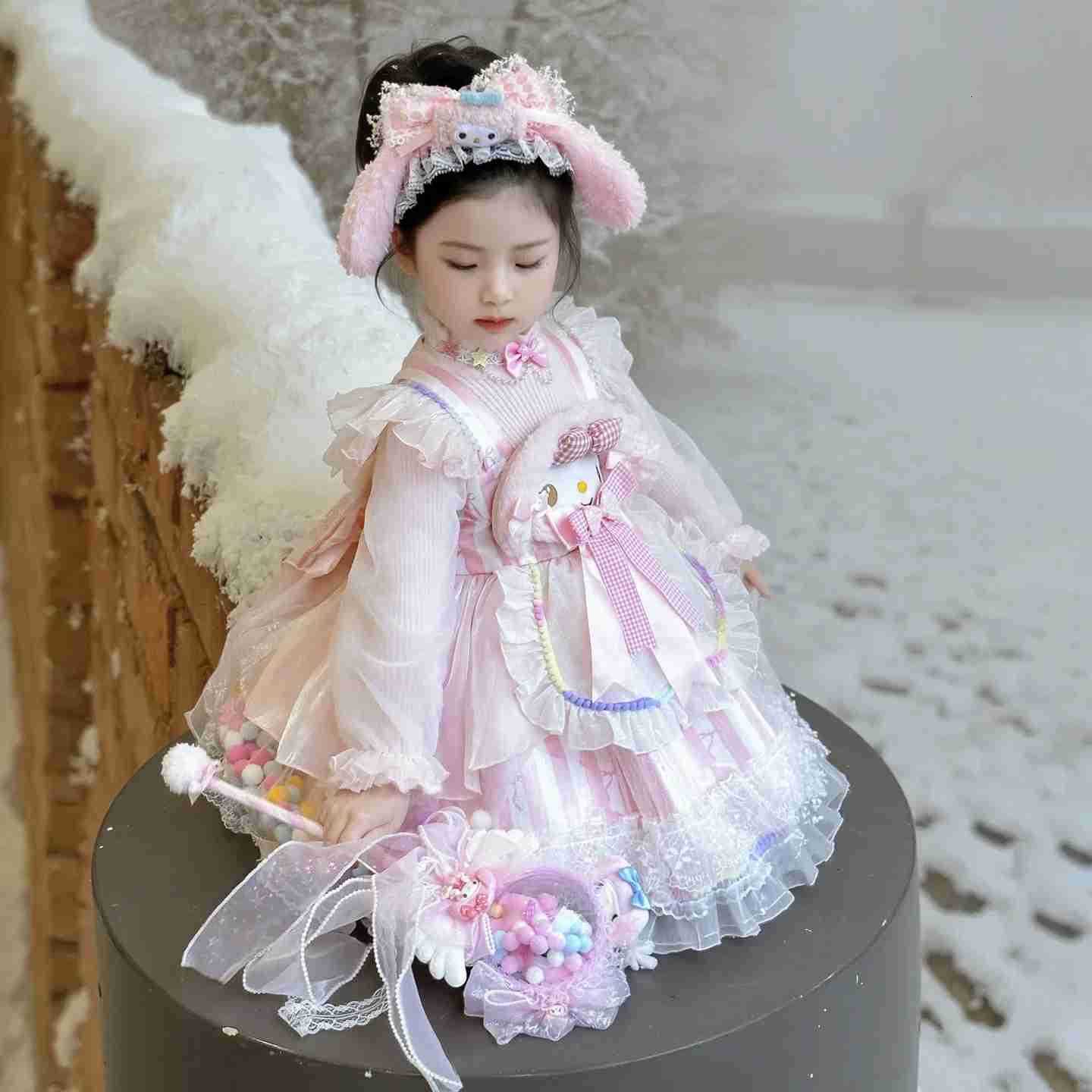 Sanrio Anime My Melody Girls Lolita Princess Party Dress with Bow Decoration Sweet Ruffled Tutu Skirt Layered Design for Festival Gift H251216