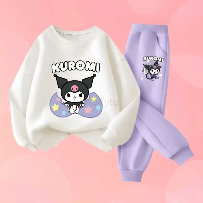 Sanrio Girls Cartoon Kuromi Print Long Sleeved T-shirts and Solid Color Pant 2Pcs Childrens Fashion Sweatshirt Sweatpants Set Wear H251216