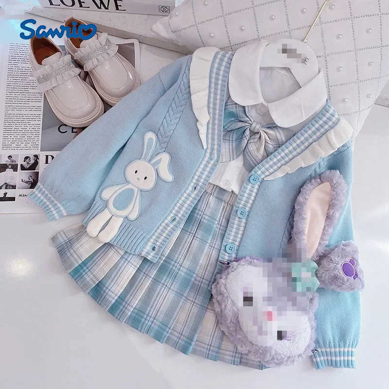 Sanrio Girls Jk Uniform Cartoon Rabbit Plaid Skirt Cardigan Sweater Kid Clothing Spring Autumn Kawaii Shirt Pleated Skirt 3Pcs H251216