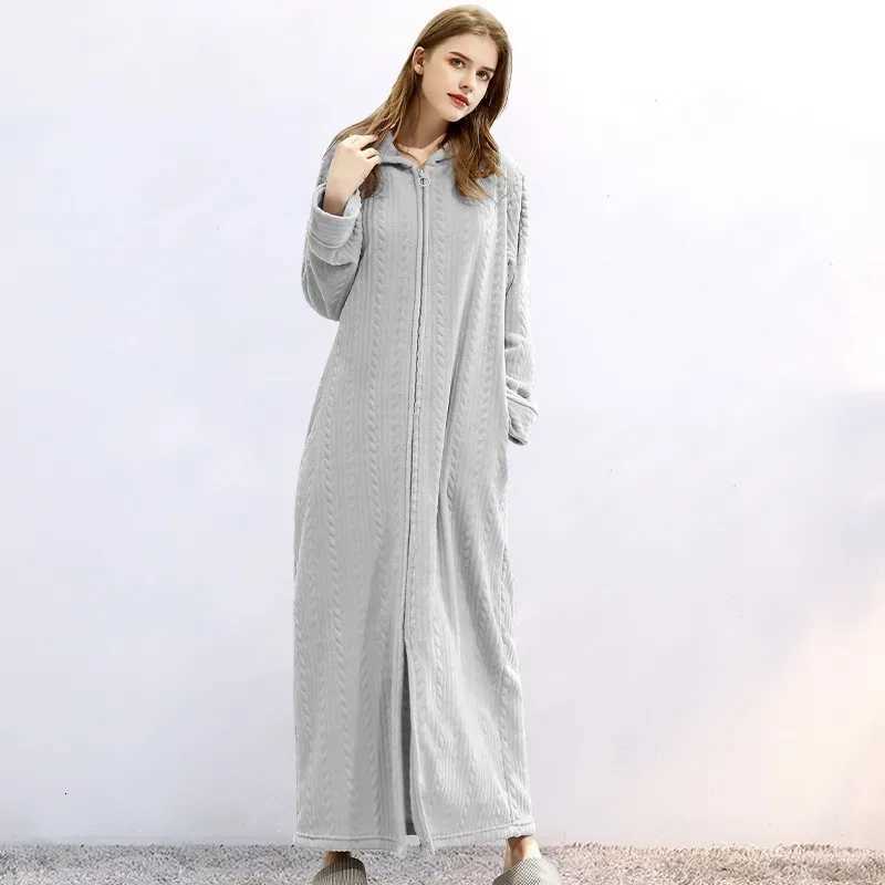 Winter Plus Size Hooded Zipper Long Warm Coral Fleece Bathrobe Women Thermal Flannel Bath Robe Shell Dressing Gown Sleepwear C251216
