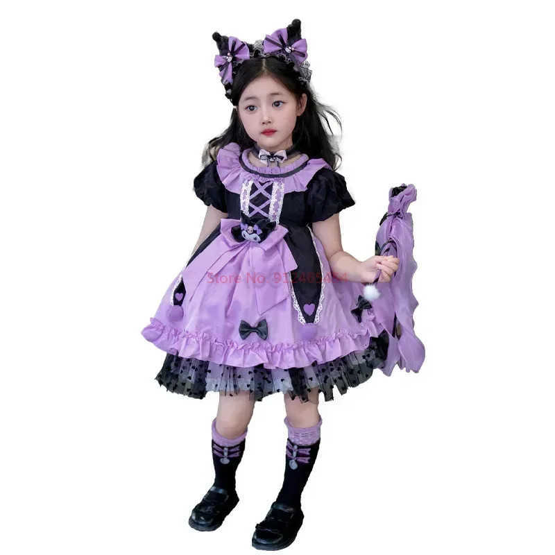 Sanrio Kawaii Cosplay Kuromi Lolita Princess Dress Summer Childrens Costume Dress Puffy Skirt Suit Cute Girl Birthday Gift H251216