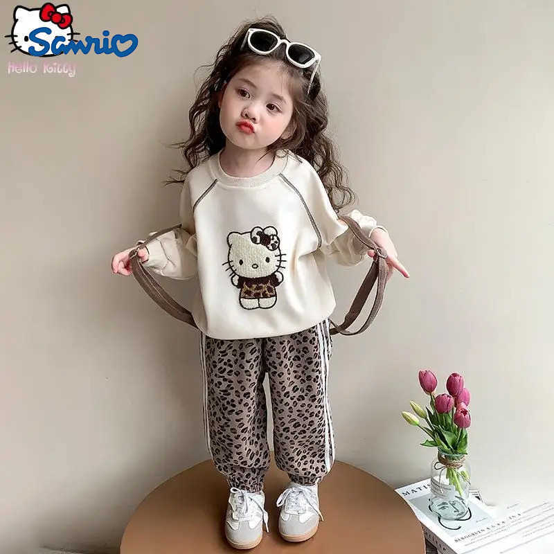 Sanrio Anime Hello Kitty Autumn New Leopard Print Casual Outfit Kawaii Little Girls Bow Sweet Trousers Cartoon Sweet Pullover H251216