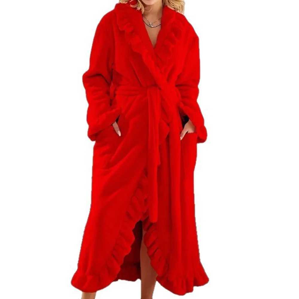 Pink Red Soft Warm Fleece Ruffle Robe Wedding Bathrobe Gown Women Dressing Sleepwear Mother Maid of Honor Kimono XSDZ-D336 C251216