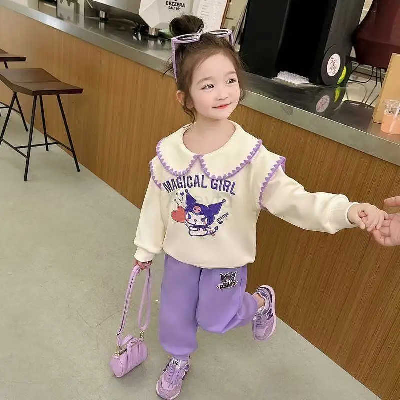 Sanrio Autumn Baby Girl Clothes Set Children Kuromi Cartoon Print Sweatshirt and Pants Two Pieces Suit Kid Long Sleeved Suit H251216