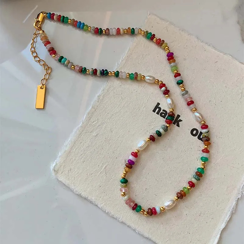 Fashion Colorful Beads Stone Natural Freshwater Pearl Necklaces For Women Retro Gold Color Clavicle Chain Necklace Jewelry Gifts 251212
