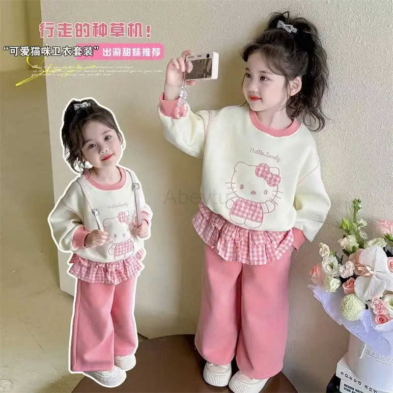 Sanrio Girl Clothes Set Autumn Kid Sweatshirts Pullover Hello Kitty Lace Trimmings TopPants 2pcs Suit Children Cute Tracksuits Outfit H251216