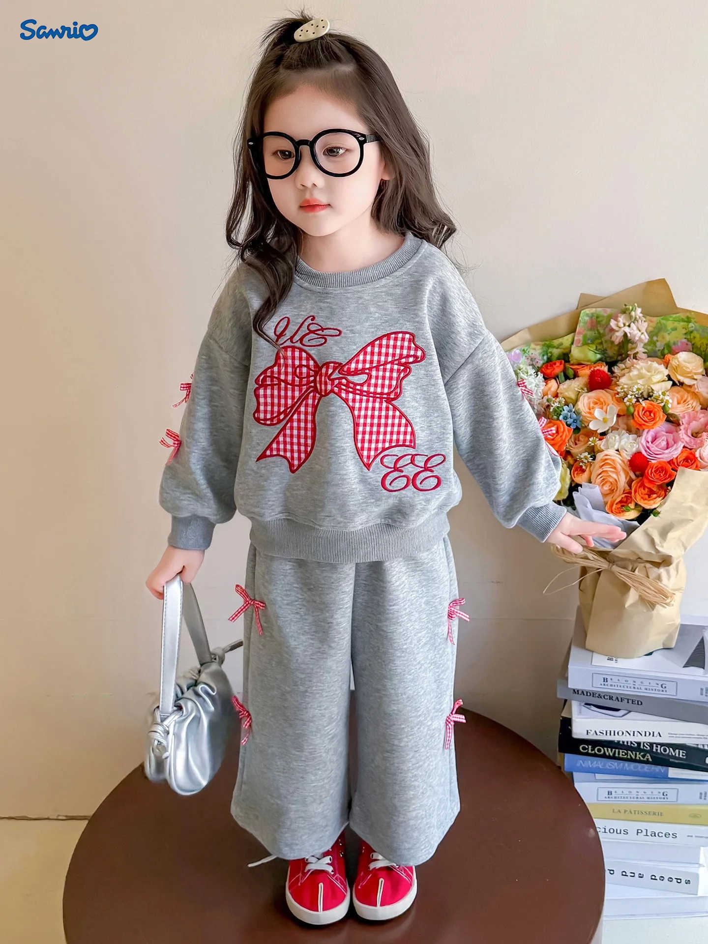 Sanrio Girls Red Checkered Bow Set Childrens Korean Fashion Little Girls Hoodie and Pants Two Piece Set Girls Childrens Clothing H251216