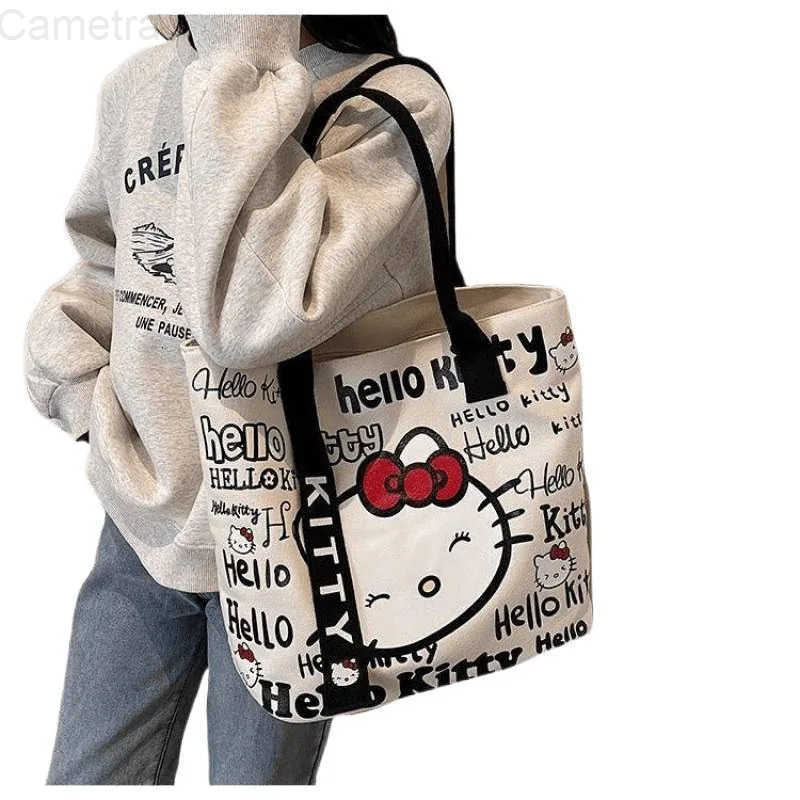 Sanrio Hello Kitty Canvas Shoulder Bag Cute Cartoon KT Cat Large Capacity Handbag Girls Backpack Schoolbag Holiday Gifts H251216