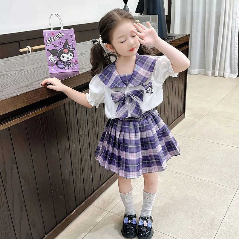 Sanrio Summer Kuromi Anime Kawaii Ins Fashion Short Sleeve Shirt Skirt 2025 New Cute Pleated Skirt Two-piece Set Clothes Gifts H251216