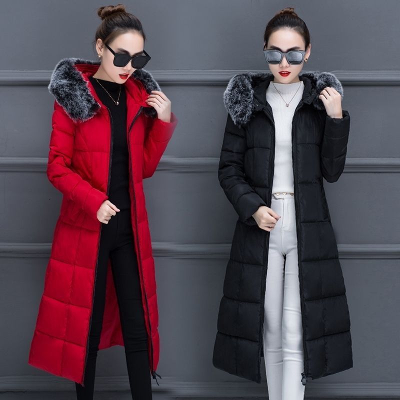 2025 Korean Style Cotton Jacket for Women Winter Long OvertheKnee Thick Slim Fit Large Fur Collar Warm Down Cotton Jacket 210923