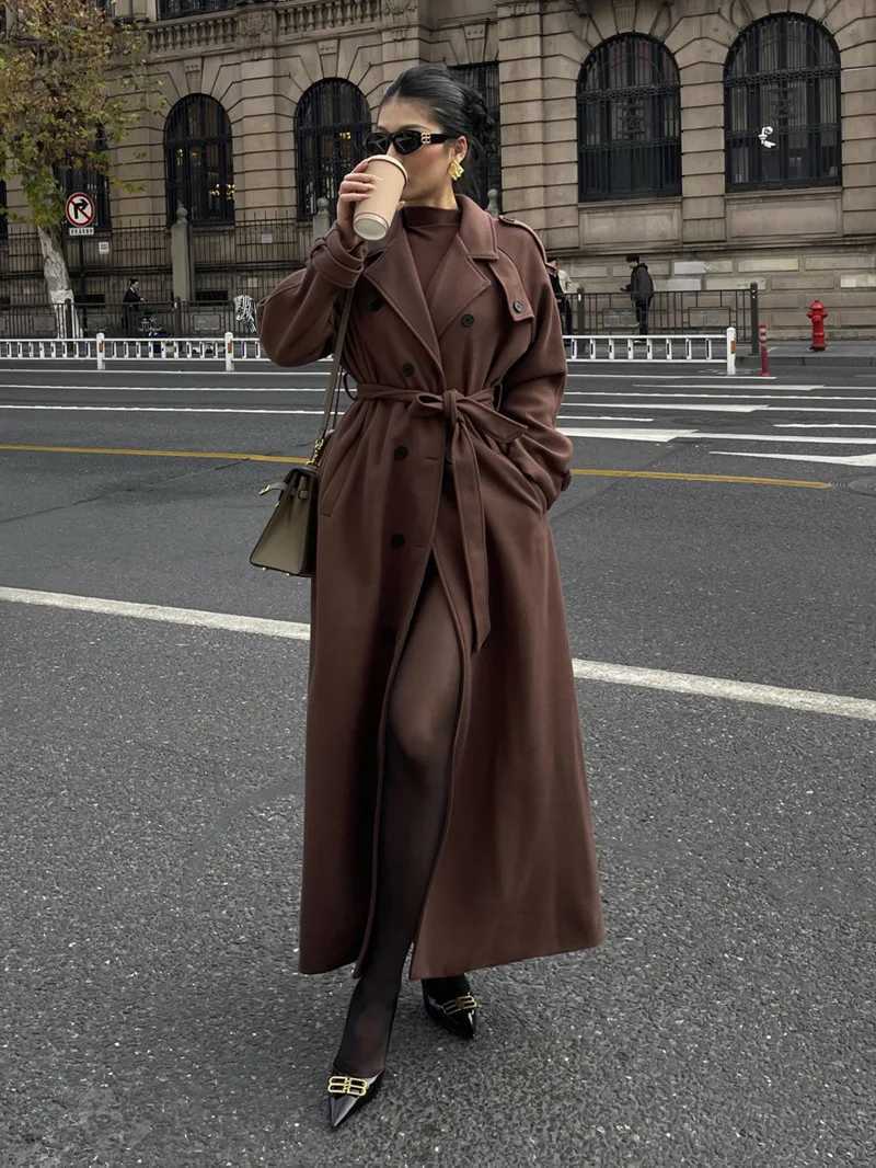 V-neck Double Breasted Temperament Windbreaker Woolen Coat Womens Winter New Loose Casual Long Coat Trench Brown Tops LS1XT251216
