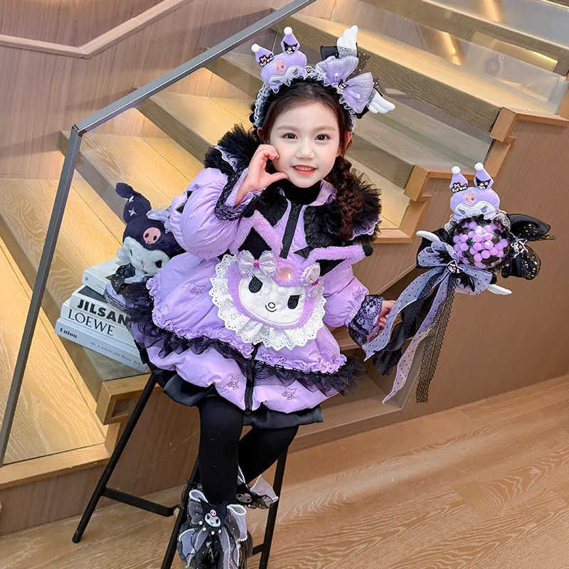 Sanrio Kawaii Children Lolita Long-Style Down Jackets Dress High Quality Anime Cute Princess Jacket Hooded Warm White Duck Down Jacket H251216