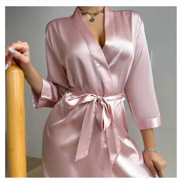 Pajamas women summer European and American ladies lace-up bathrobe sexy morning gown home dress can wear ice silk robe C251216