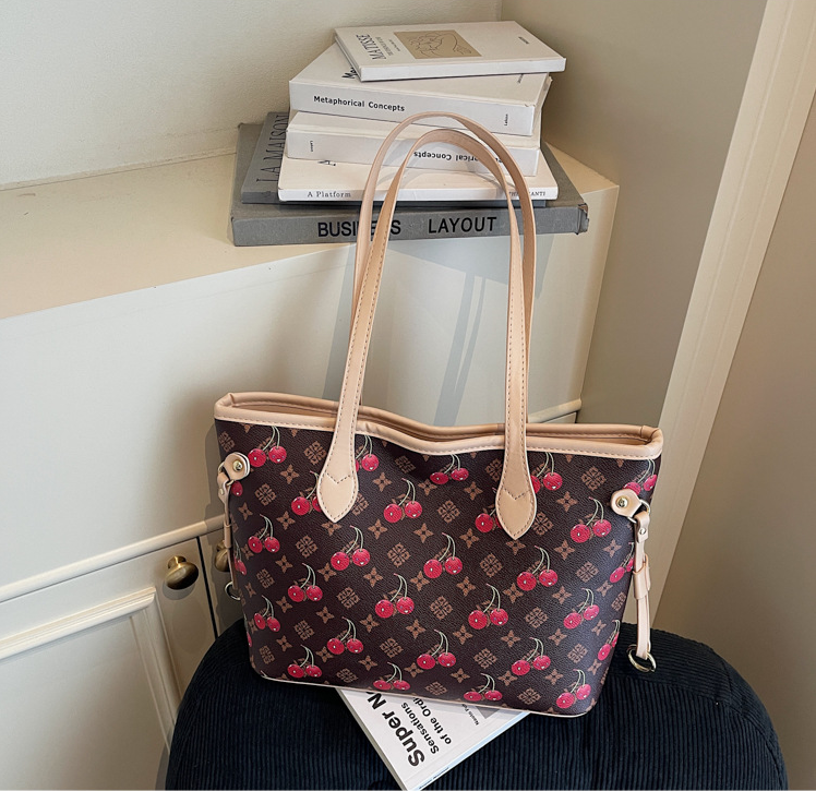 Free shipping 2026 fashion new design cherry print tote bag versatile commuting large capacity shoulder bag beige coffee