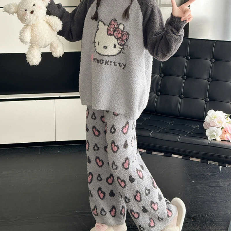 Sanrio Girl Hello Kittys Child Pajamas Suit Autumn Winter New Coral Fleece Lounge Clothes Kawaii Childrens Clothing Coat for Kids H251216