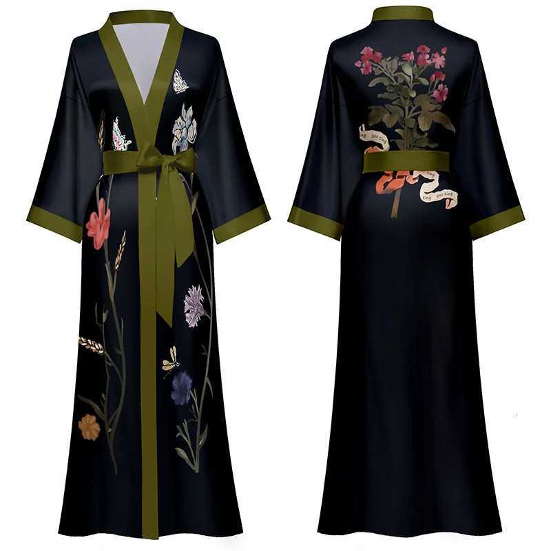 Black Print Flower Long Robe Nightgown Spring Summer Half Sleeve Kimono Bathrobe Gown Women Sexy Rayon Home Dress Loungewear C251216