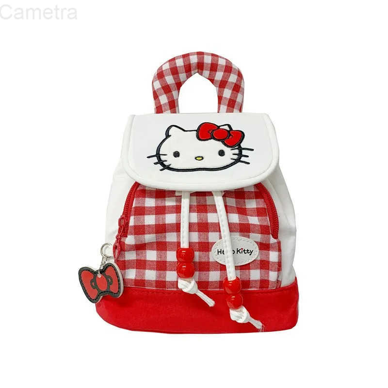 Sanrio New Cute Red Plaid Hello Kitty Backpack Cartoon Cute Kitty Cat Drawstring Storage Mini Girl Heart Backpack Handbag H251216