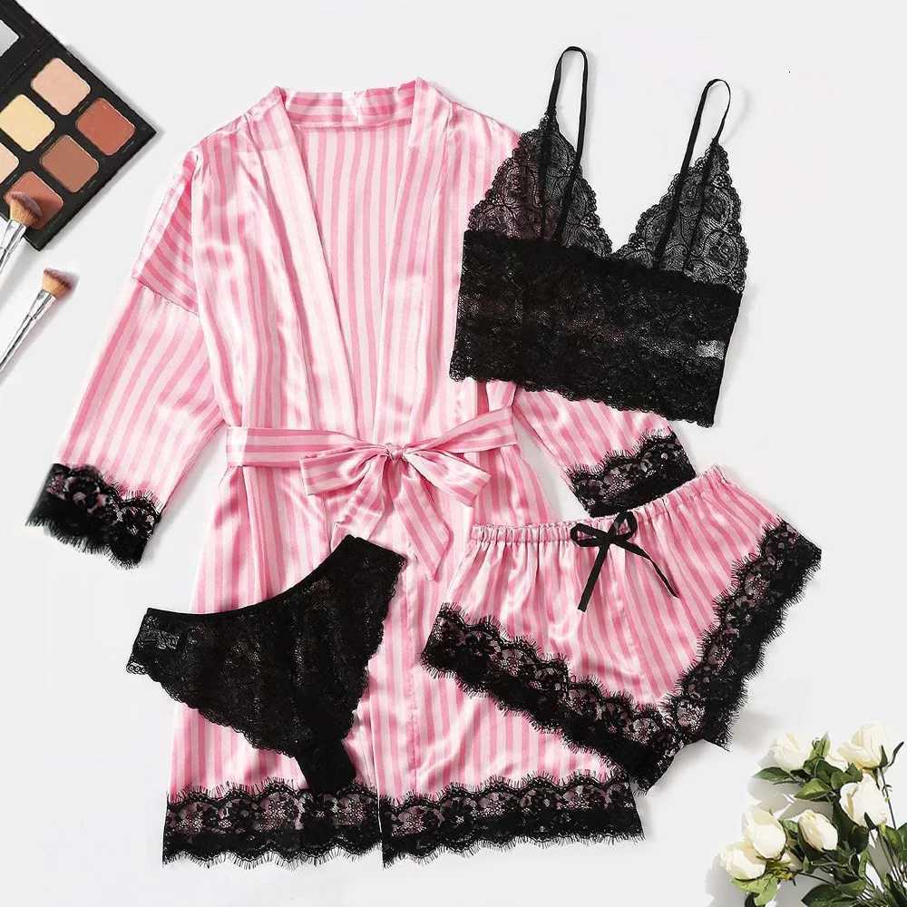 Sexy Women Home Dressing Gown Lingerie Lace Patchwork Satin Robe Set Nightwear Casual Sleepwear Kimono Bathrobe Home Nightdress C251216