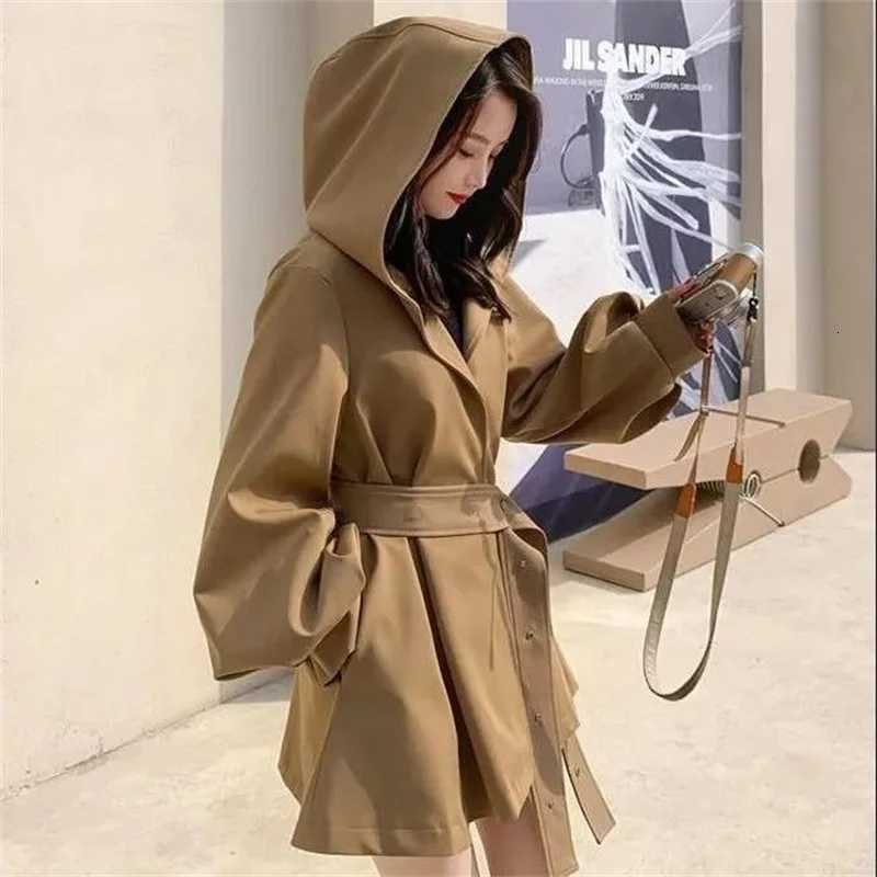 Spring And Autumn New Lantern Sleeves High-End Casual British Belt Windbereaker Ladies Outwear W3179 Hooded Trench Coat WomensT251216