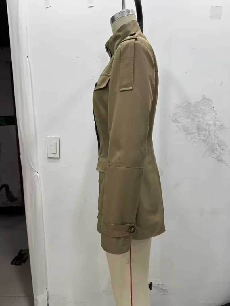 ETJ 2025 autumn new womens military style large pocket stand collar slim coat epaulettes decorated trench coatT251216