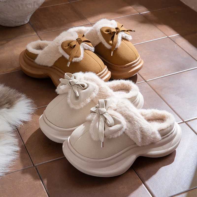 Bow Fluffy Womens Slippers Home Winter Plush Luxury Designer Woman Shoes Wedges Platform Fuzzy Fur Slides Fashion Soft Sole Z251216