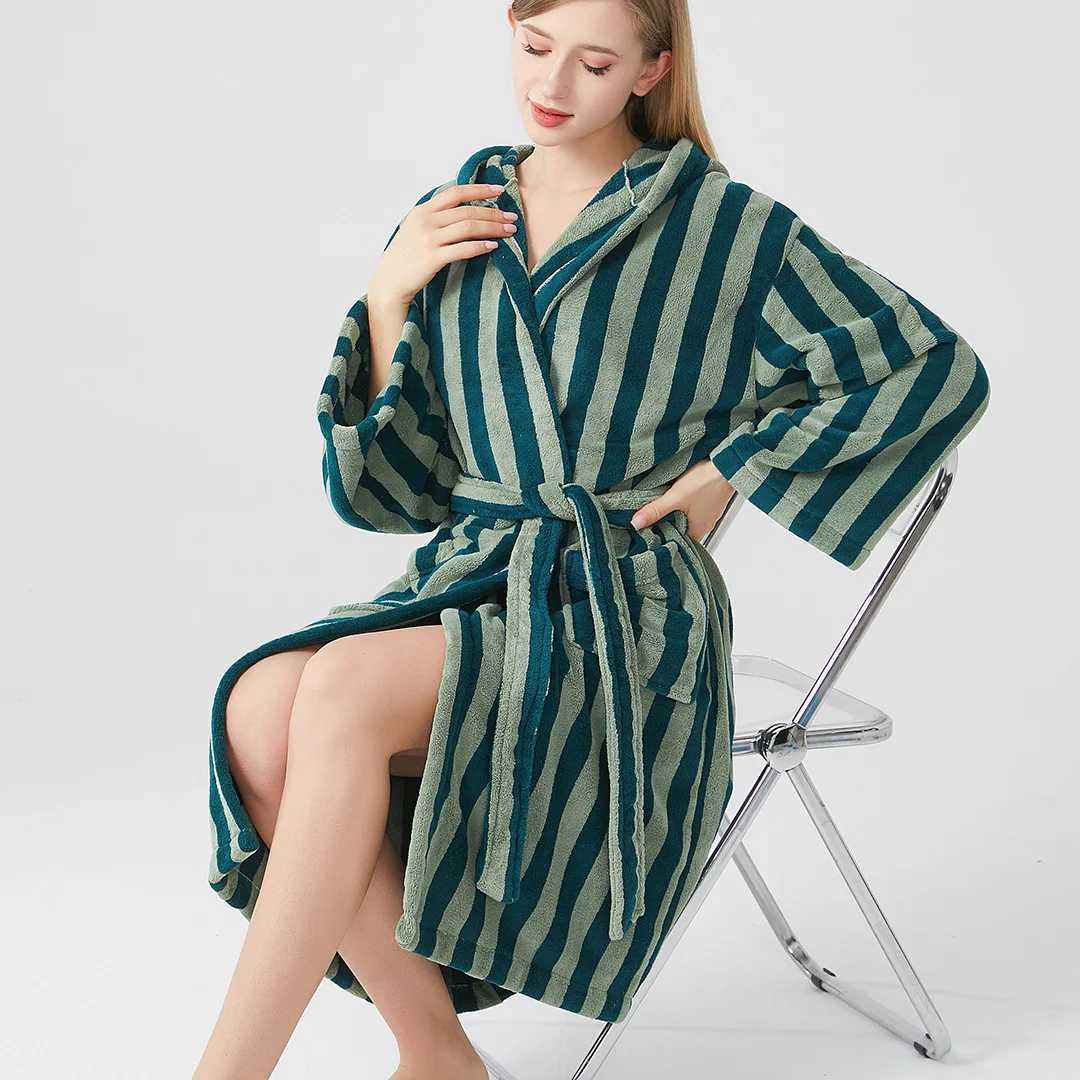 Knit Coral Fleece Bathrobe Unisex Striped Sleepwear Vintage Simple Absorbent C251216