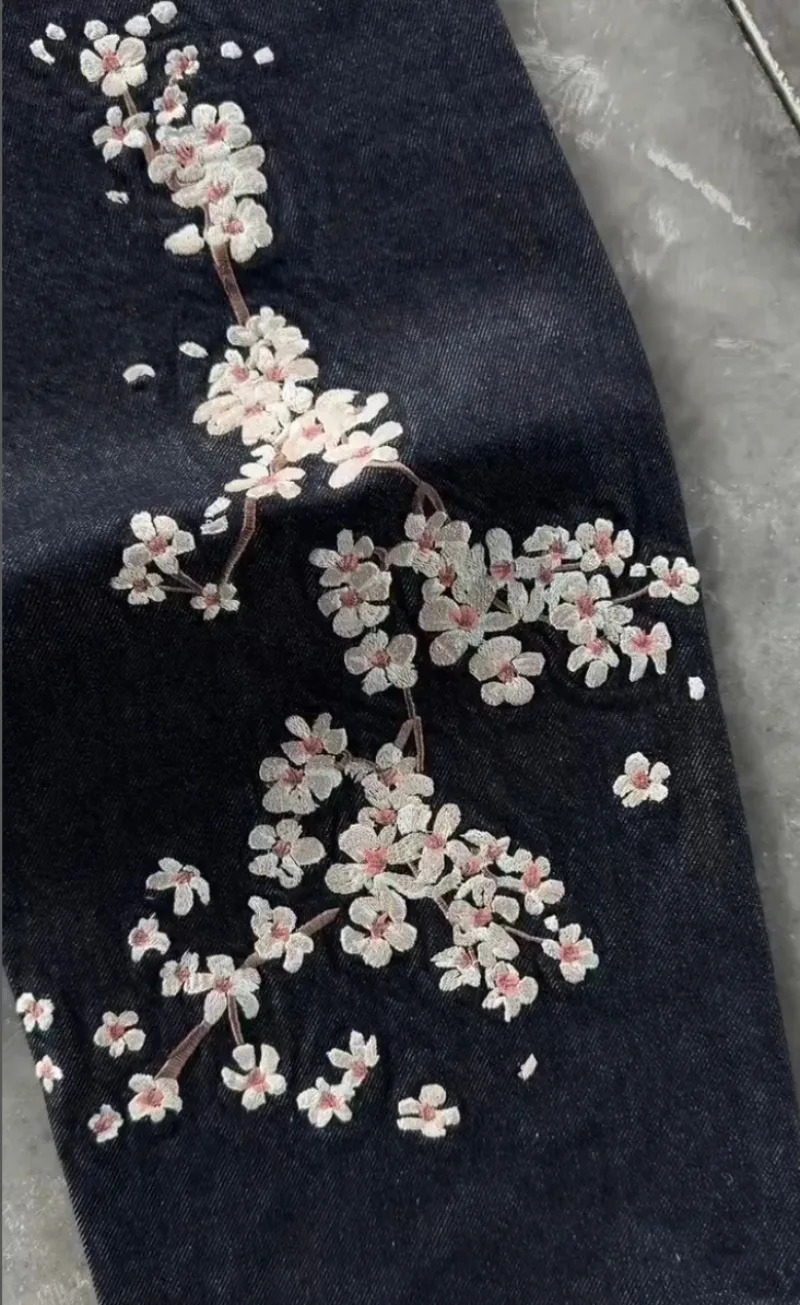 Y2K Baggy jeans Harajuku Pisces Embroidery Cherry Blossom Selvedge Denim Pants Gothic Vintage Casual wide leg pants streetwear 251212