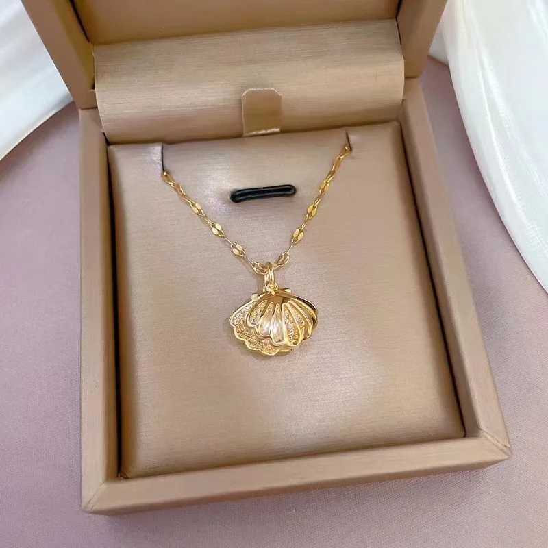 Korean Light Luxury Shell Pearl Necklace For Women StainlESS Steel Micro Inlaid Zircon Heart Moon Choker Wedding Jewelry M251216