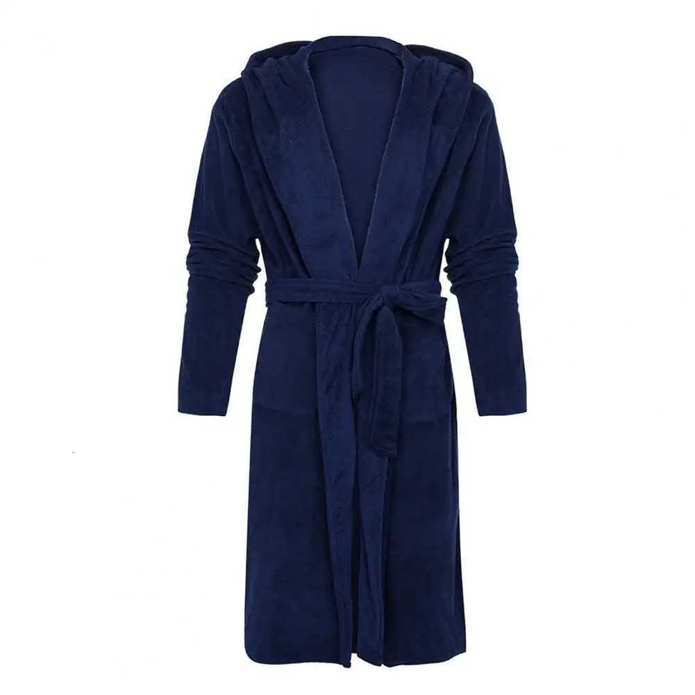 Men Bathrobe Winter Warm Hooded Long Sleeve Long Fleece Pocket Belt Solid Color Home Gown Sleepwear C251216