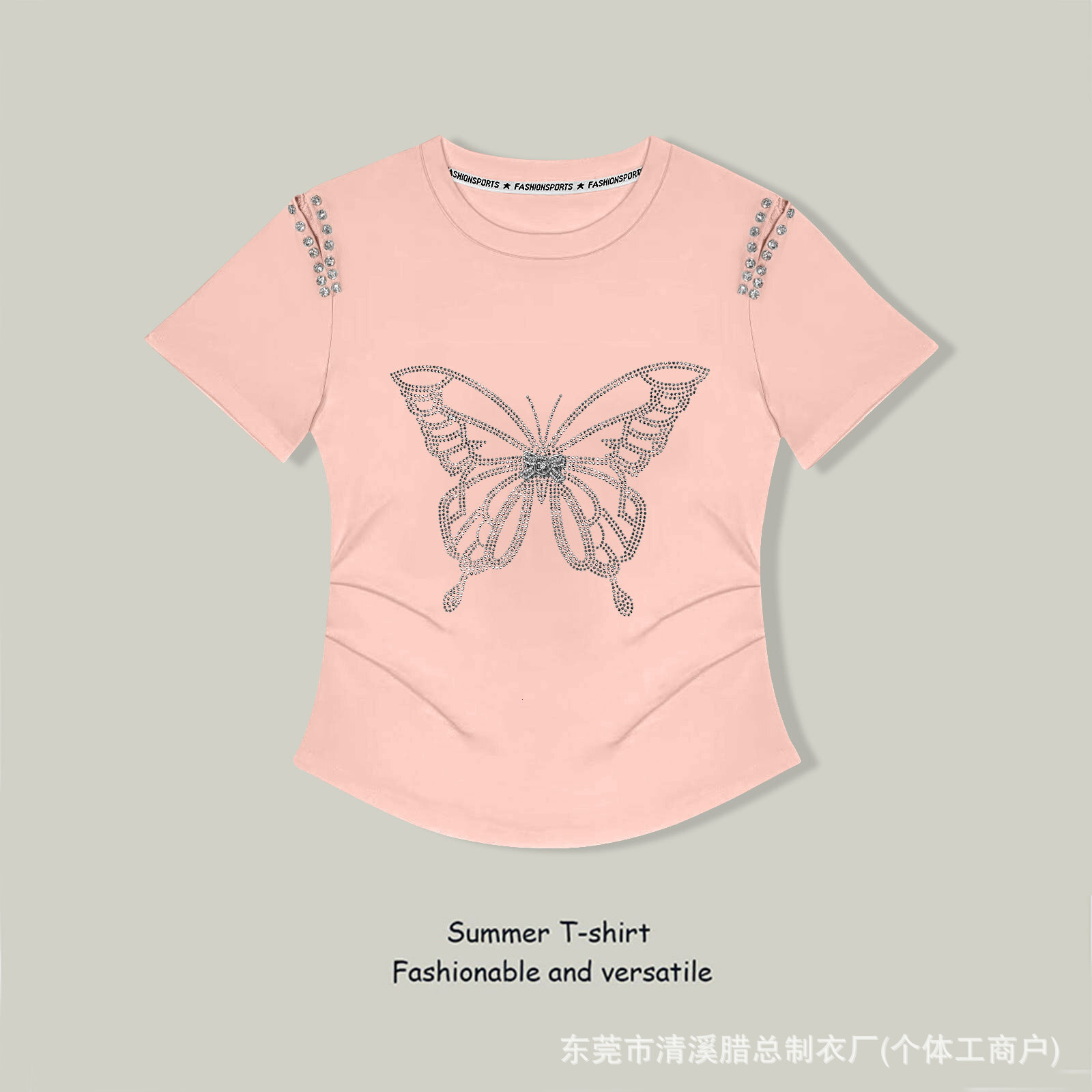 Designer Luxury Factory Direct Supply High Rate 100% Cotton Summer Round Neck Butterfly Rhinestone Short Sleeve T-shirt Women's Fashion Top Women