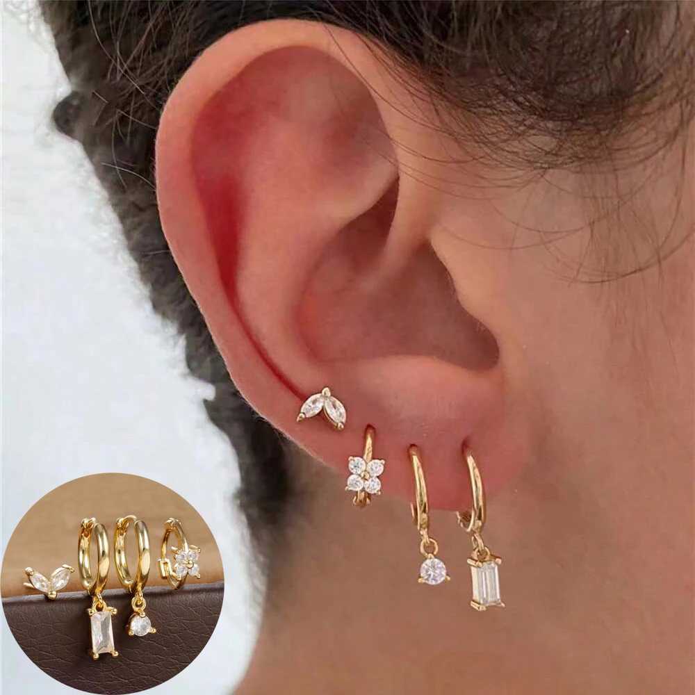 4pcs Fashion Cubic Zirconia Flower Hoop Earrings Set 18K Gold Plated Stainless Steel Stud Earring Piercing Jewelry aretes mujer G251216