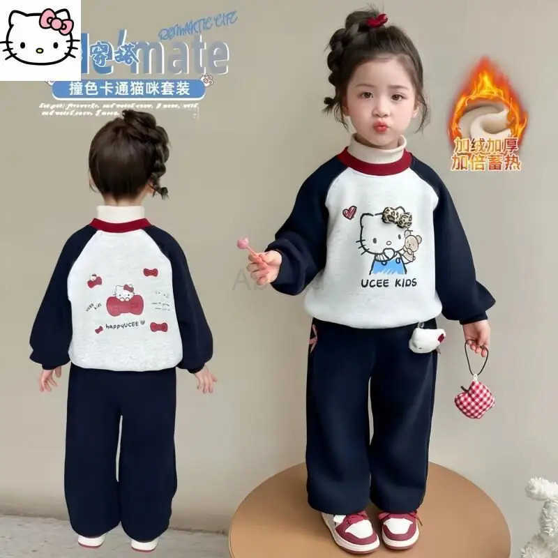 Sanrio Hot Girl Loungewear Set Hello Kitty Kawaii Anime Fashion Winter Thickening Sweatsuit Childrens Clothing Christmas Gift H251216