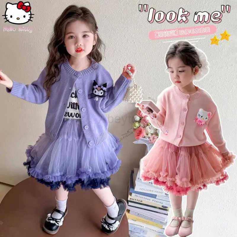 Sanrio 2Pcs Jacket Tutu Skirt Kuromi Melody Girls Anime Sweater Puffy Skirt Set Kawaii Cartoon Spring Autumn Fashion Sweet Coat H251216