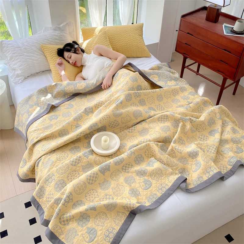 Towel Blanket for Sofa Pure Cotton Thread Blanket Yellow Color Cat Printed Plaids for Bed Queen Size Summer Bedspread/Quilt H251216 - view 3