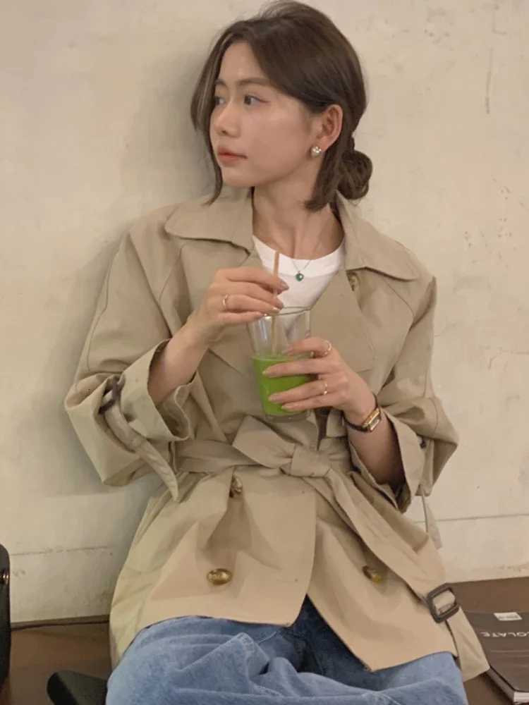 Spring/Autumn New Korean Fashion Waist Slimming Lace Up Jacket for Women Double Breasted Mid Length Trench Coat Women ClothingT251216