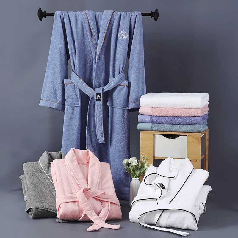 Star Hotel Women 100 Cotton Towel Bathrobe Winter Warm Kimono Bath Robes Bride Long Terry Dressing Gown Men Sleepwear C251216